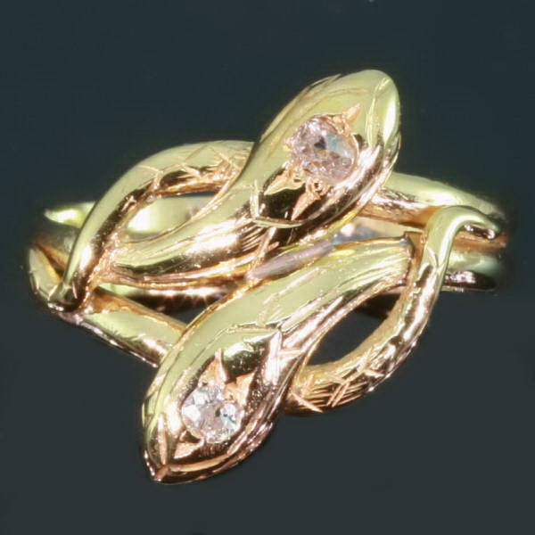 Victorian gold double serpent ring snake ring set with old mine cut diamonds